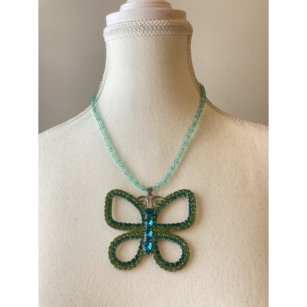 Blue Green Rhinestone Butterfly Pendant Necklace Faceted Beads Whimsical Fairy‎